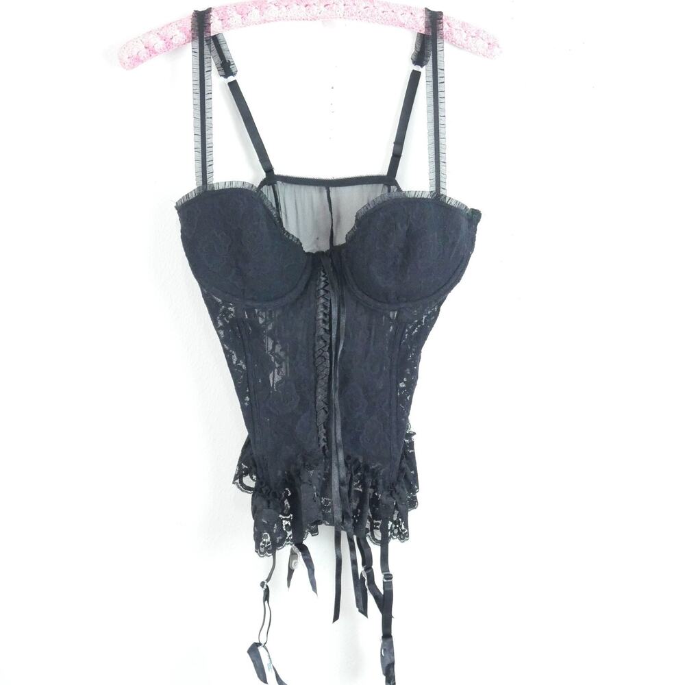 Fredericks‎ of Hollywood Bustier Size 36 Corset Black Lace Garters Basque Goth